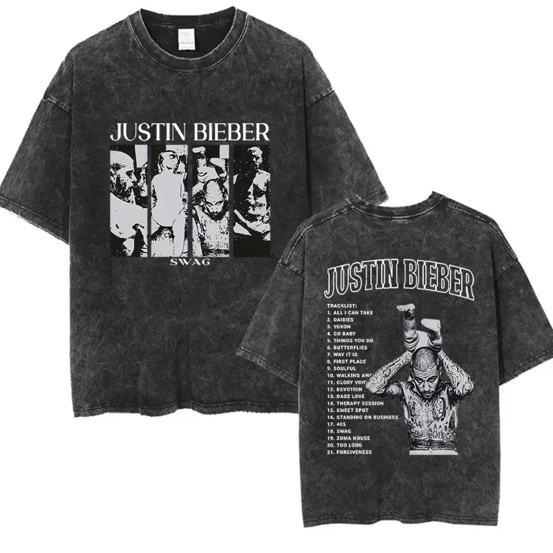 Rapper Justin Bieber SWAG Album 2025 Vintage Washed Graphic T-Shirt Woman’s Hip Hop Loose Fashion Short Sleeve Streetwear