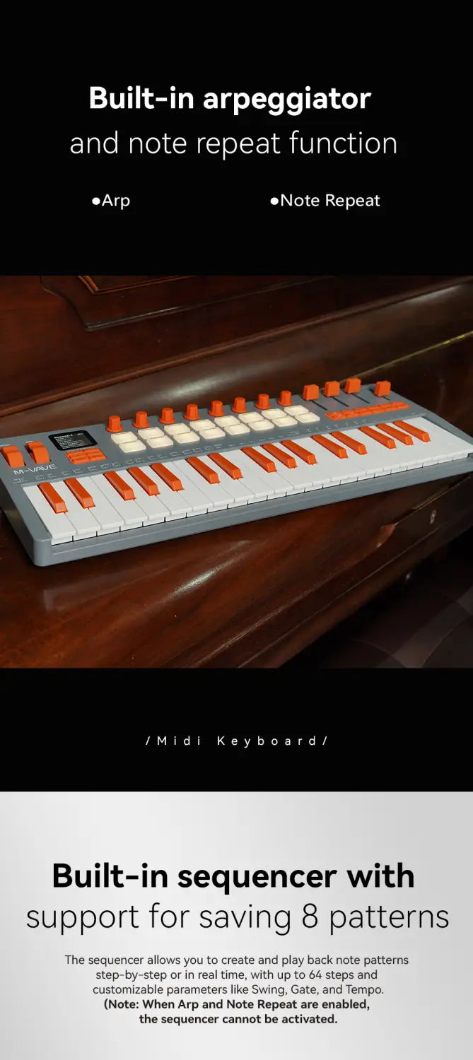 M-VAVE SMK-37 Elite Wireless MIDI Keyboard Built-in Synthesizer,16 Pad 8 Encoders Battery Powered DAW & iOS Compatible