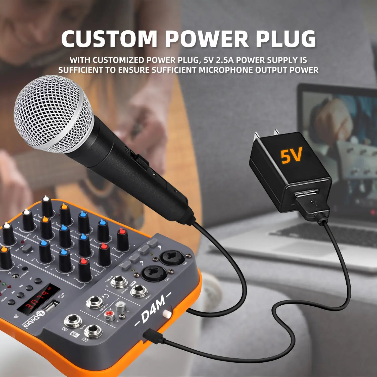 IKGE D4M Mini 4-Channel Audio Mixer DJ Console with Reverb Bluetooth 5.0 USB Sound Card 48V for PC Recording Karaoke