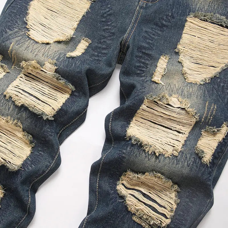 Hip-hop Ripped Men’s Jeans Spring New Rock Motorcycle Denim Pants Retro American Streetwear Hole Loose Straight Trousers