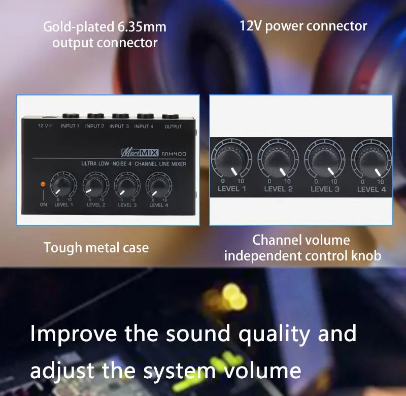 MX400 Mini 4-Channel Audio Mixer Ultra Compact Sound Low Noise With Power Adapter DJ Karaoke Audio Mixer Headphone Amplifier