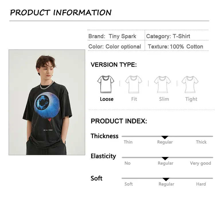 Hip Hop Retro Washed Black T-Shirt Streetwear Big Eyeball Graphic T Shirt Cotton Unisex Tshirt Men Tops Tees Dope Y2K
