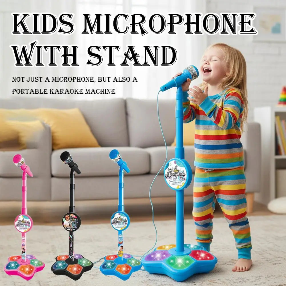 Kids Microphone with Adjustable Stand Toddler Microphone Stand with Music&Light Gift Music Instrument Toys Singing Microphone