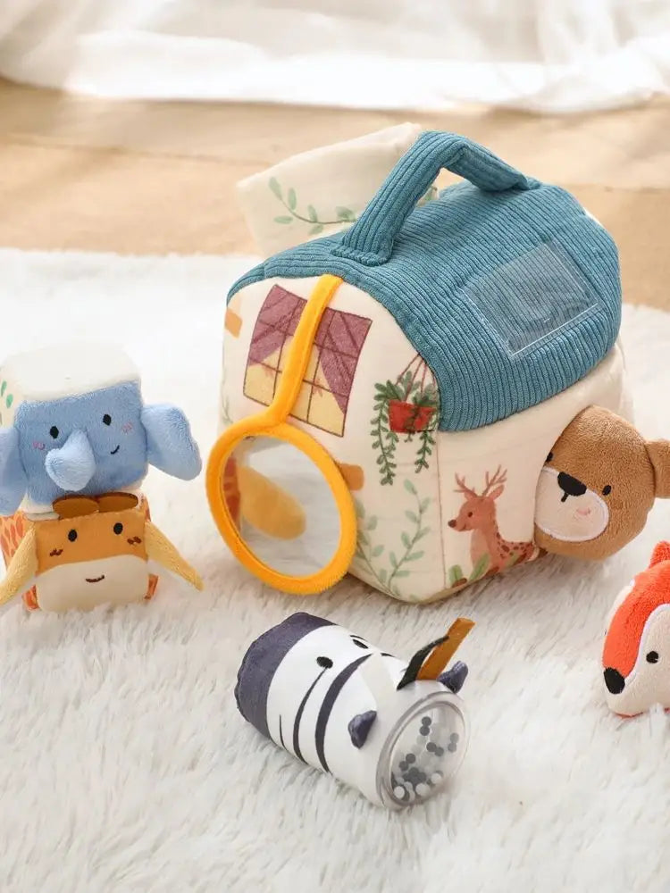 Baby Montessori Toy Plush Barn with Farm Animals Musical Touch Sensory Toys Portable Baby Farmhouse Cognition Toy for Infants