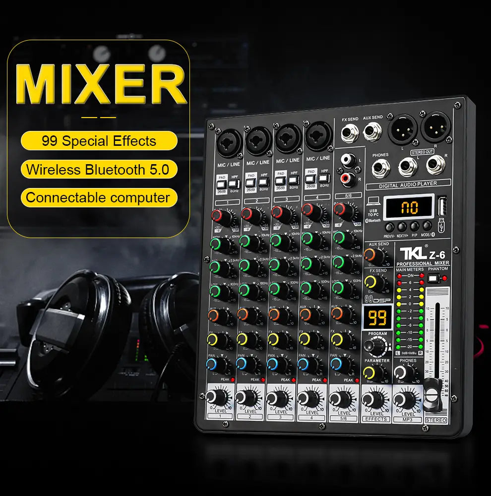 TKLBLS Professional 6-Channel 99DSP Audio Mixer 48V Phantom Power USB Studio Karaoke Bluetooth DJ Console Mixer