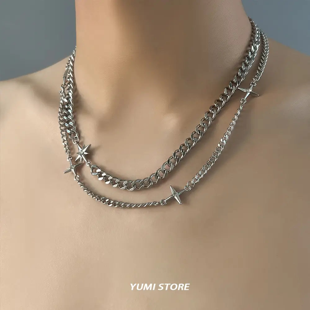 Hip Hop Double-layer Star Cross Necklace For Man Woman Titanium Steel Clavicle Chain Choker Punk Male Accessories Wholesale