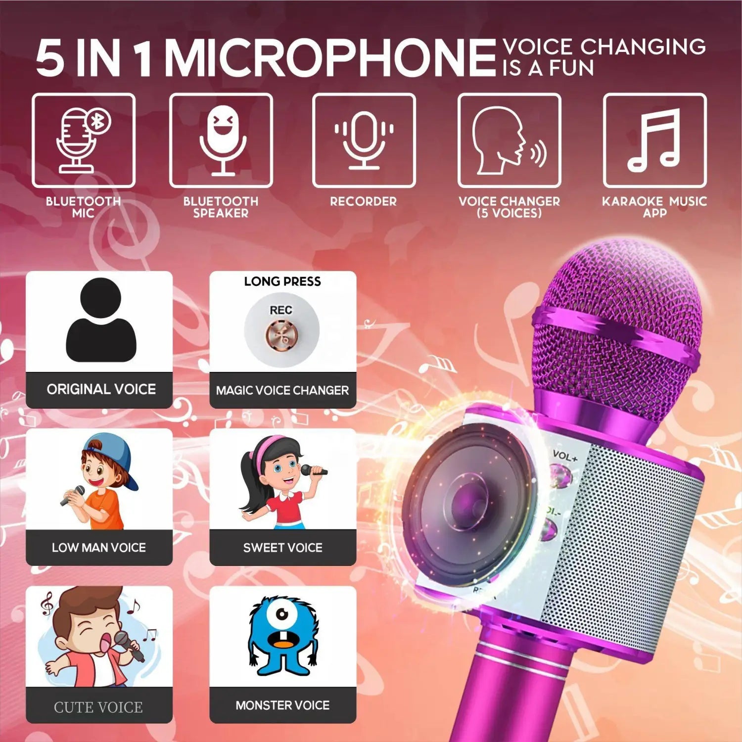 Wireless Karaoke Microphone Bluetooth Speaker Multi-Function Controls 5-in-1 portable Handheld Mic for singing For Party
