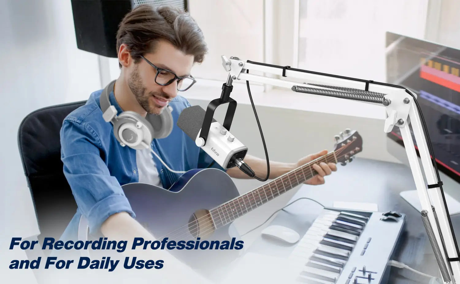 AmpliGame by FIFINE Metal Microphone Stand – Sturdy,Universal Mount Compatible for Studio Streaming & Podcast Setup-CS1W White