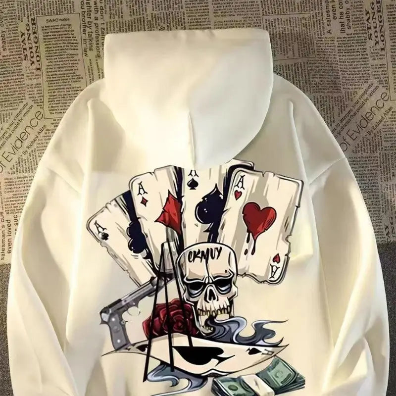 【M-8XL Hoodies】Autumn Men Pullover Hoodie Oversized Sweatshirt Fashion Loose Skeleton Poker Print Long Sleeve Couple Clothes