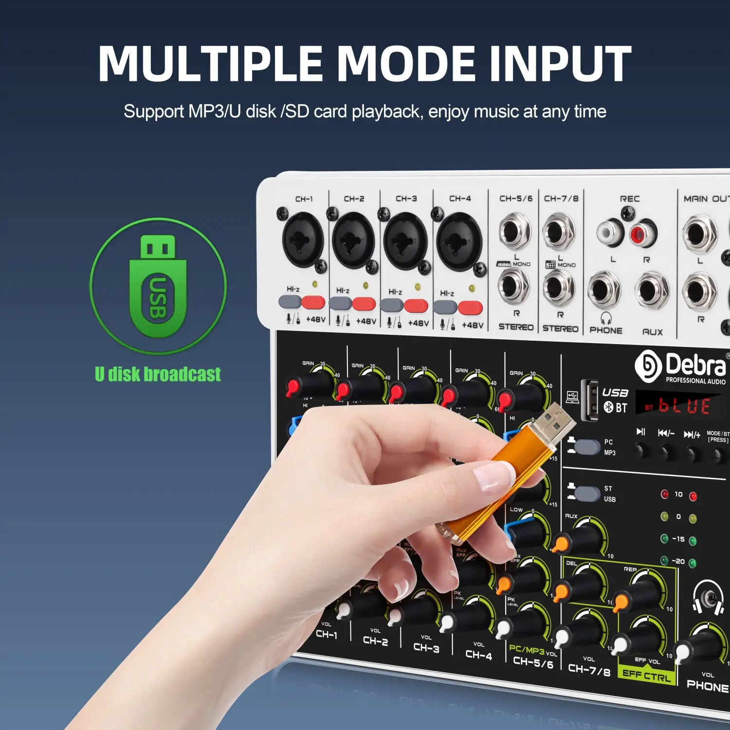 4/8 Channel Audio Mixer DJ Controller Sound Mixing Console With Bluetooth Phantom Power Delay Repaeat Effect For PC Recording