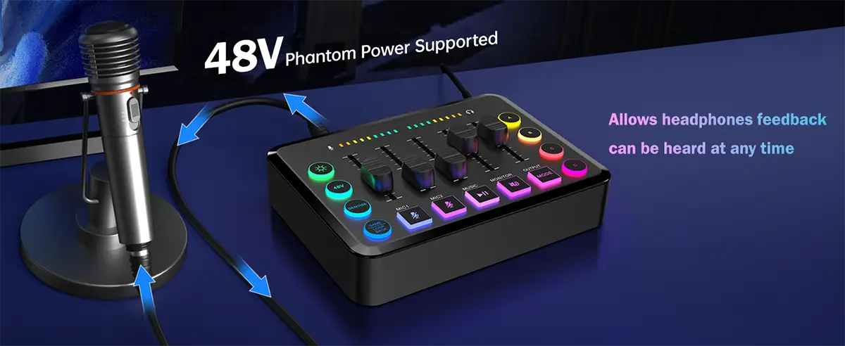 Gaming Audio Mixer,Rechargeable Audio Interface RGB Mixer with XLR Microphone Interface,48V Phantom Power,for Podcast/Recording
