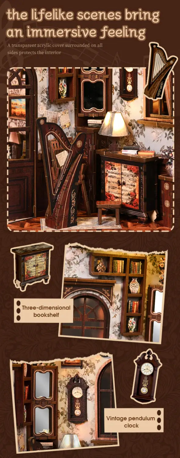 European Melody Musical Instrument Box DIY Miniature House 3D Puzzle Bookend Model Wooden Bookend. Creative Gift
