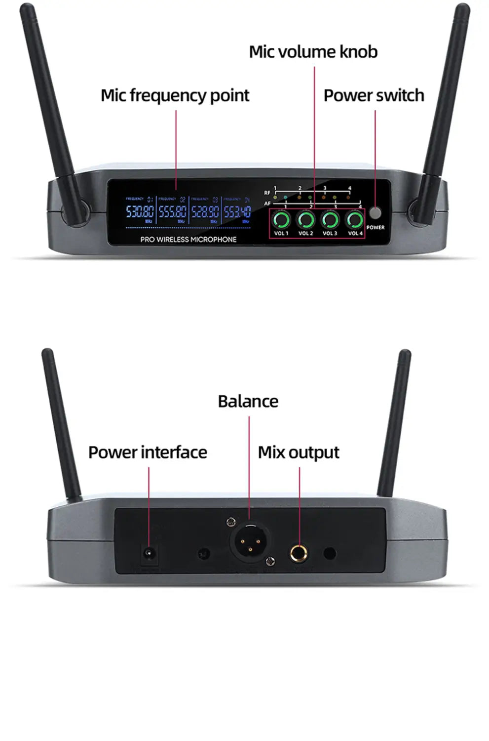Professional VHF Wireless Microphone System 4 Channel Handheld Karaoke Microphone for Home Party Church Event TV Speaker