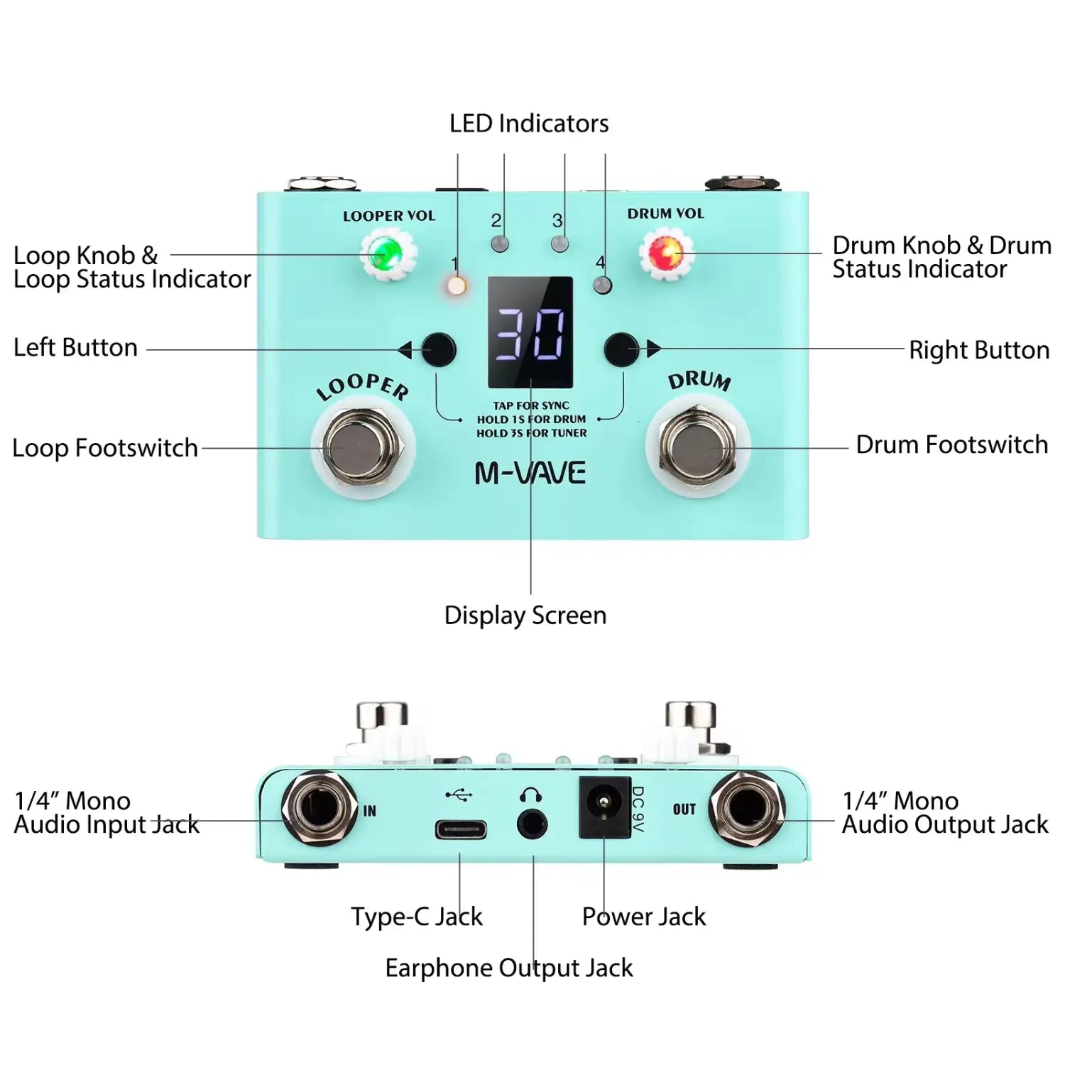 M-vave Lost Tempo Drum Machines & Looper Pedal - 4-Mode Tuner/Drum 30 Presets 11 Mins Recoding Time,for Guitar/Bass Effects