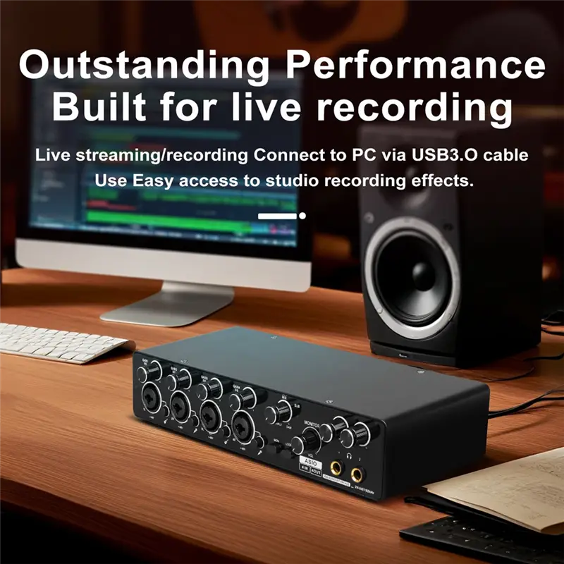 CABE-Professional 4 Channel USB Audio Interface For Studio For Live Recording Sound Card Mic Preamplifier Support ASIO