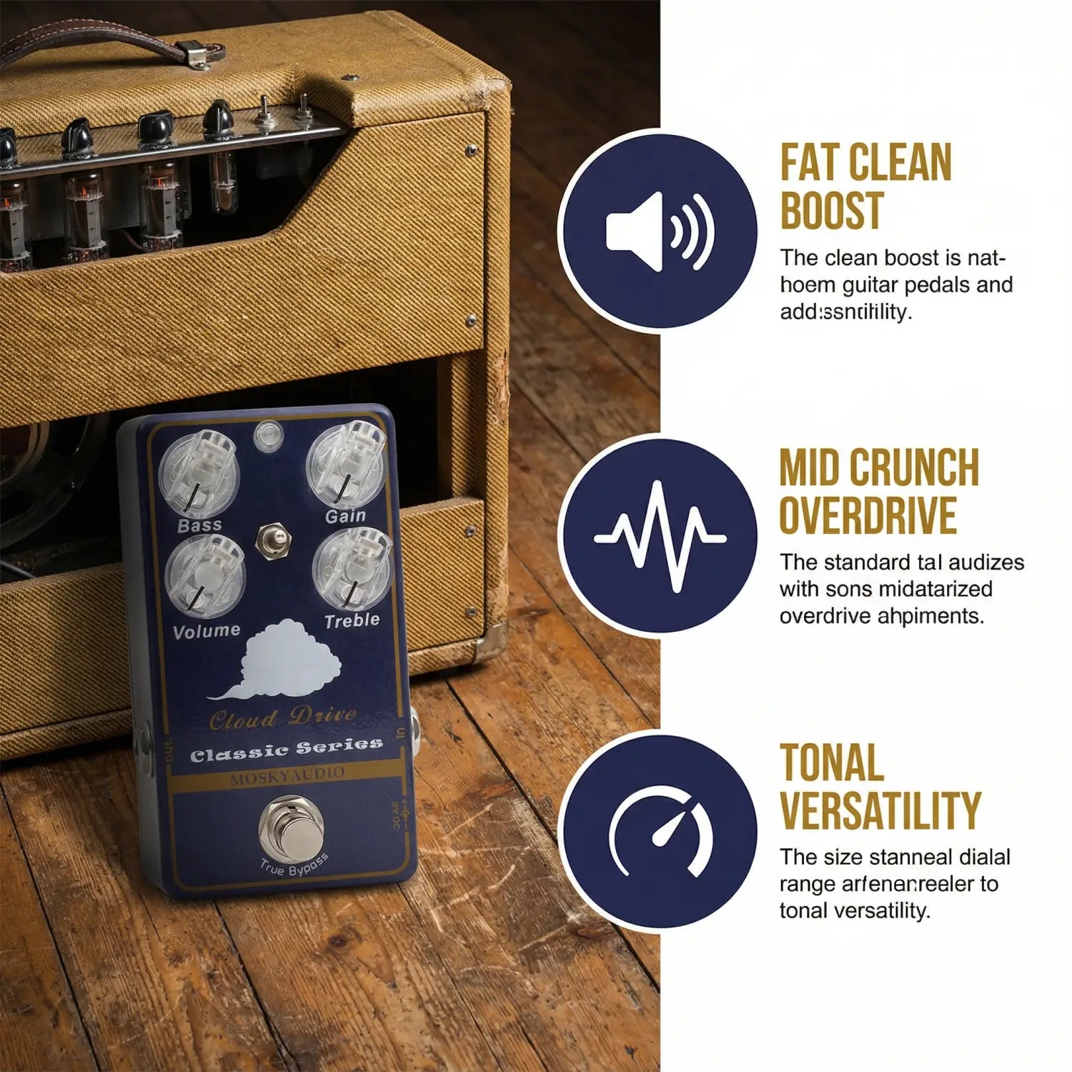 Moskyaudio Cloud Drive Classic Clean Overdrive Guitar Effect Pedal with Flexible Dual Band EQ Pre/Post Control for Guitar