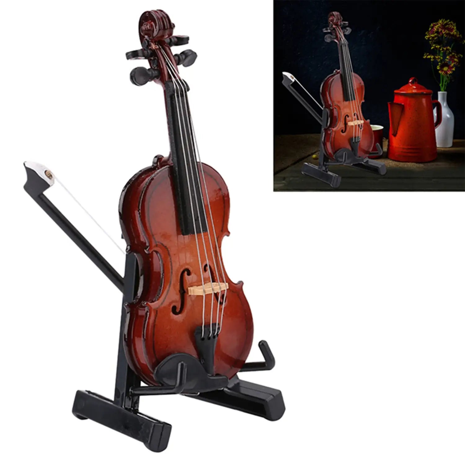 Miniature Violin Model with Stand Case Dollhouse Accessories Mini Musical Instrument Decor Gift