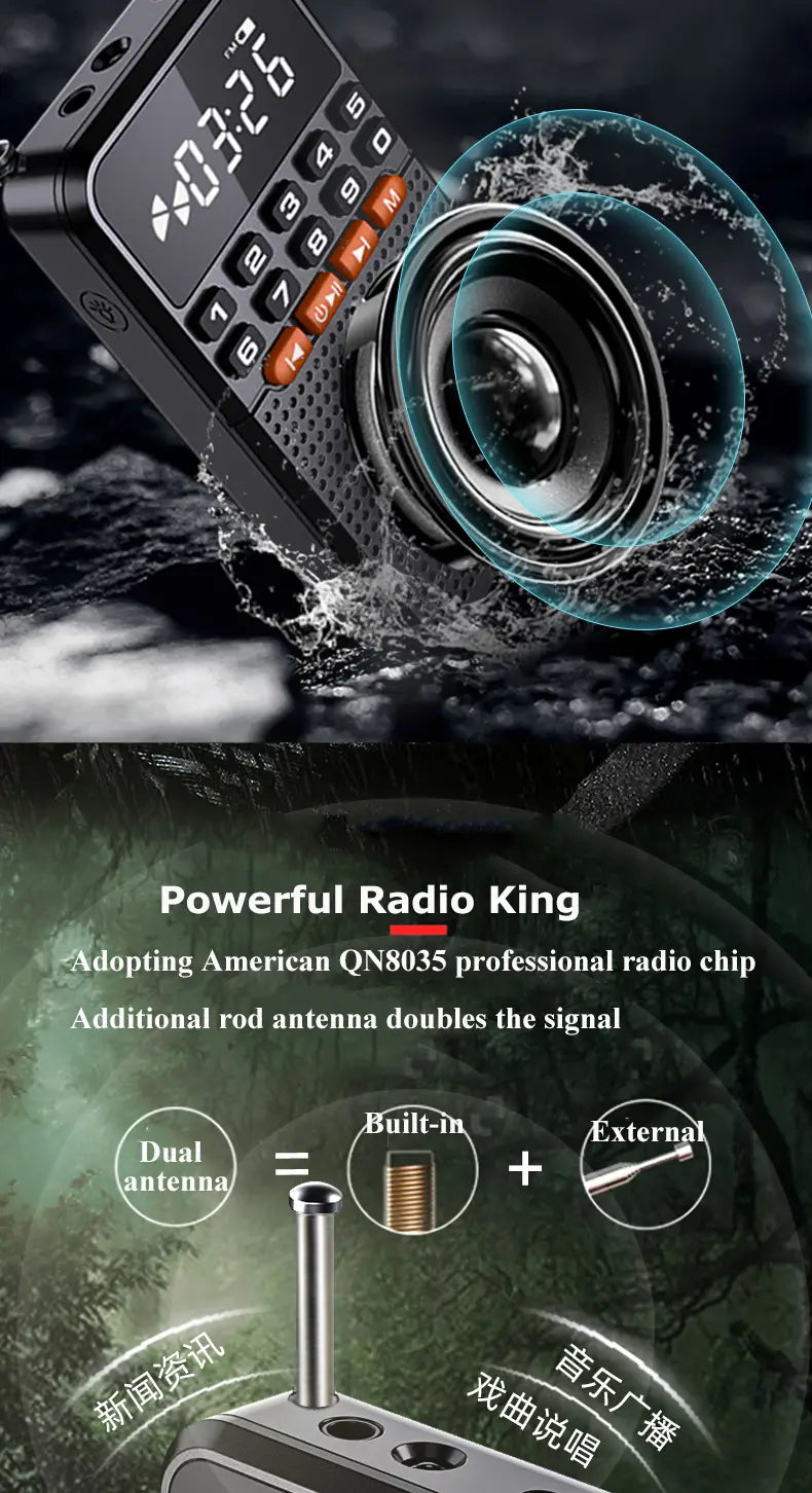 Portable FM Mini Radio Dual Antenna Pocket Radio Receiver Bluetooth 5.0 Speaker TF Card Music Player with LED Flashlight