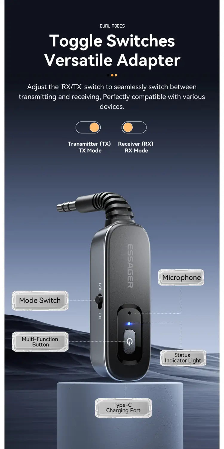 Essager 2-in-1 Bluetooth Audio Receiver Transmitter Wireless Bluetooth 5.1 3.5mm AUX Audio Adapter Stereo for Earphones TV Car
