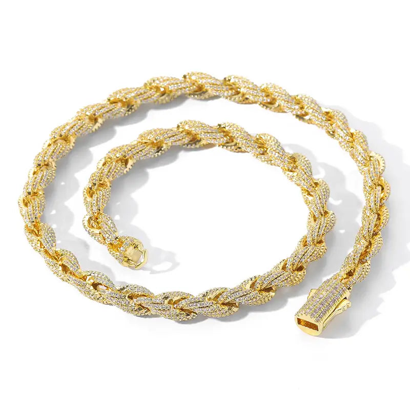 HIP Hop Full CZ Stone Paved Bling Iced Out 8mm Twist Rope Chain Chokers Necklace for Men Rapper Jewelry Gold Silver Color