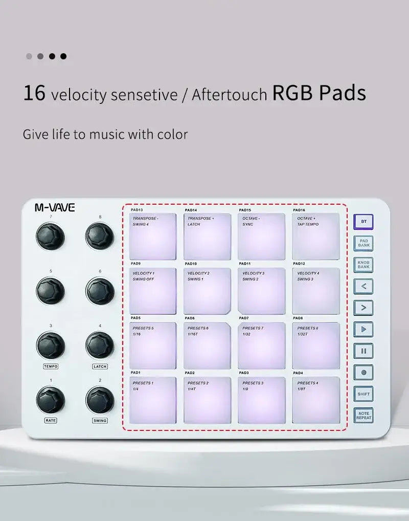 M-VAVE SMC-PAD MIDI Controller Keyboard BT Strike Pads RGB Backlight MIDI Connection Low Latency 3.5mm Output Interface Pad RGB