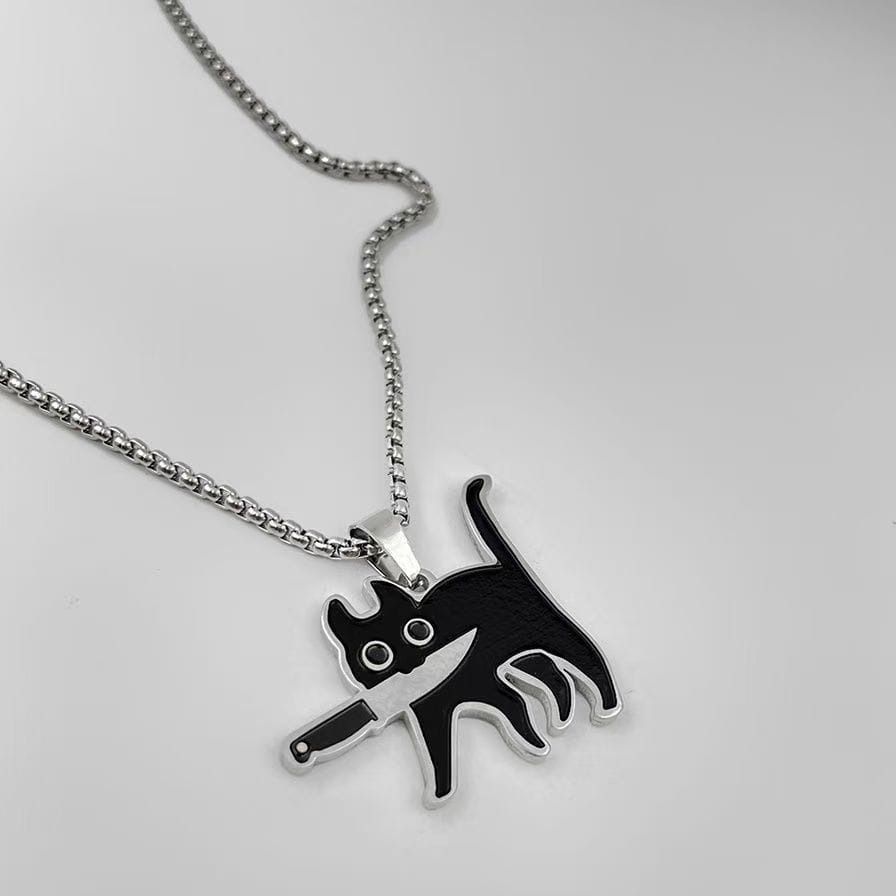 Hip Hop Fashion Knife Cat Long Pendant Necklaces for Women Men Funny Black Cat Sweater Chain Jewelry New Party Accessories Gift
