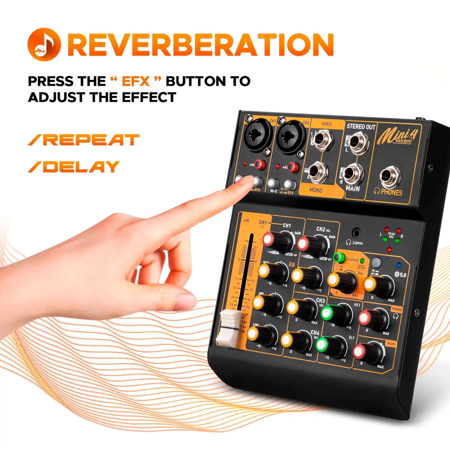 Debra OTG Audio Mixer DJ Console Mini4 Interface Bluetooth 48V Power Delay Repaeat Effect For Sound Mixing Console PC Recording