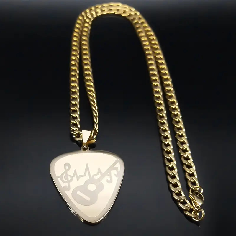 Hip Hop Guitar Pick Bass Note Necklace for Men Stainless Steel Gold Plated Music Lovers Pendant Necklaces Jewelry colar N3003GD