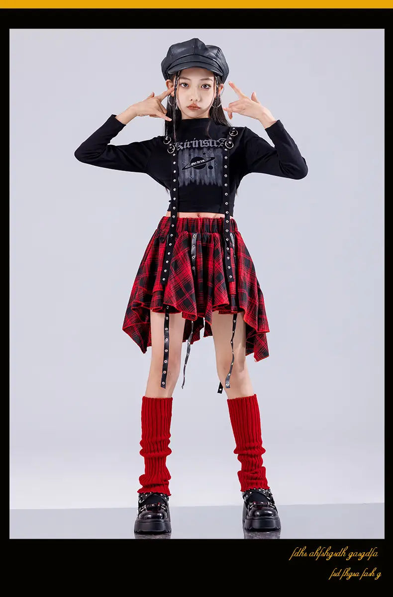 Hip Hop Girls K-pop Fashion Crop Top Street Dance Cargo Pants Plaid Skirts Kids Streetwear Children Jazz Girl Group Clothes Sets