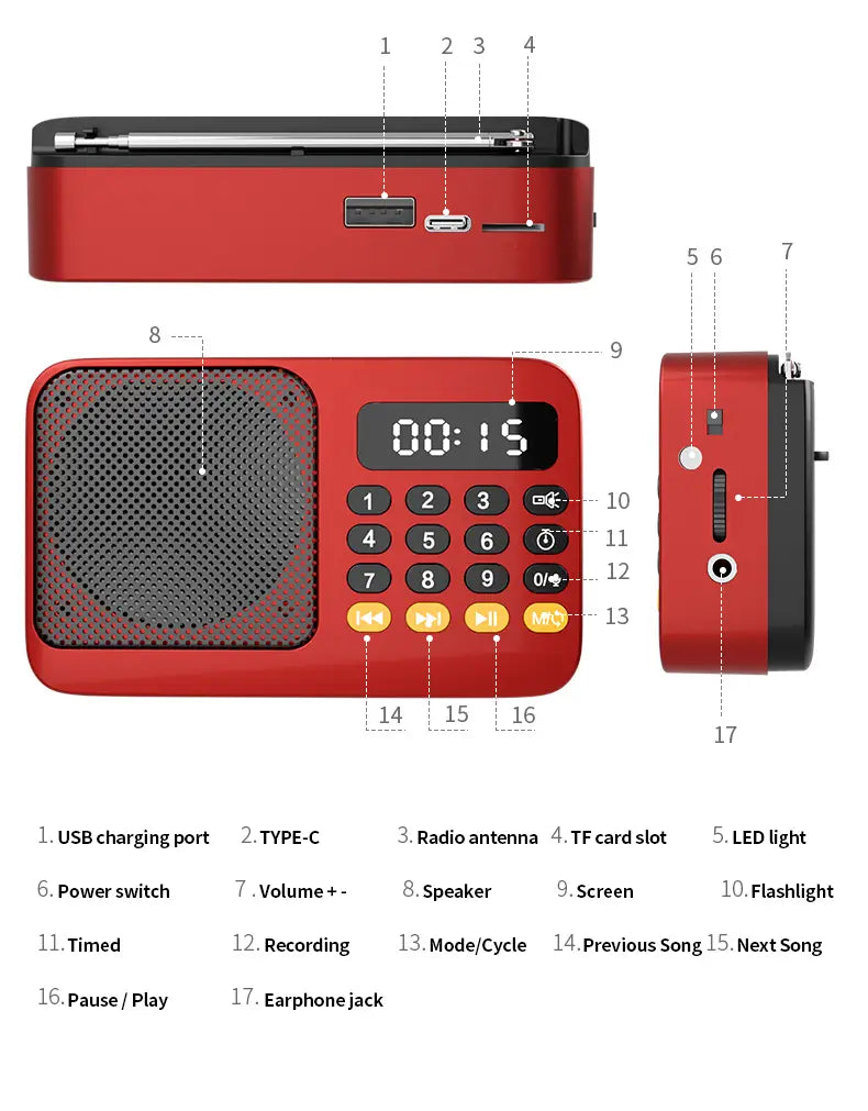 Handheld Rechargeable Digital FM USB TF MP3 Player Portable Radio Music Player Speaker Devices Supplies With LED Display Radio