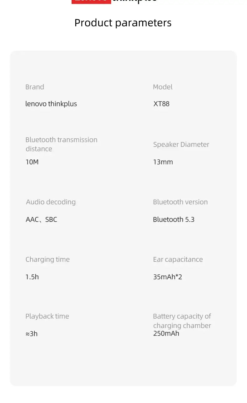 Lenovo XT88 Wireless Bluetooth Earbuds Hifi Music Earphone With Microphone Headphone Sport Waterproof Headset 2022 New