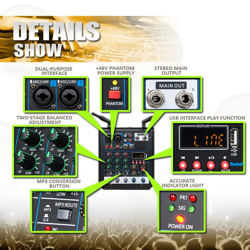 4 Channel Audio dj Mixer Console with Bluetooth Mixer UHF Wireless Microphone for Home Karaoke Stage Studio