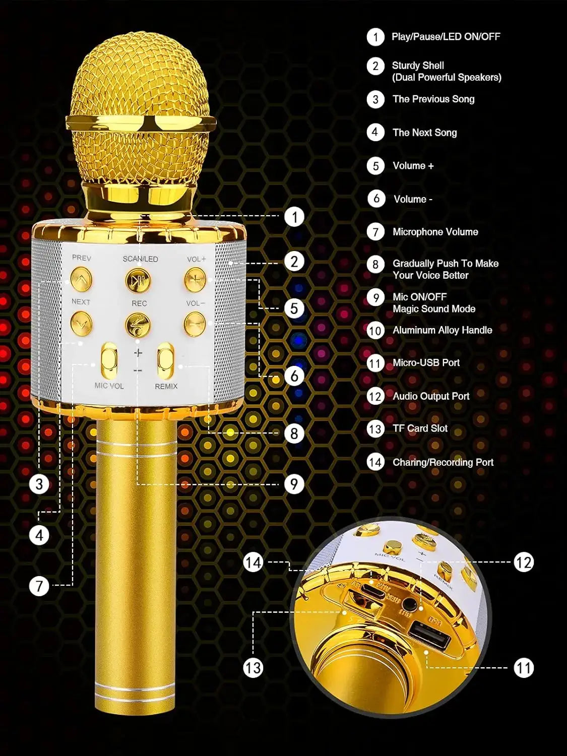 All-in-one LED light karaoke microphone with multiple compatible devices stable connection and fast pairing speed