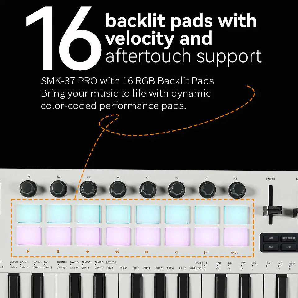 M-VAVE SMK-37 Pro MIDI Keyboard 16 Drum Pads Sound Source 37 Key RGB Keyboard Supports Wireless Connection to Multiple Systems