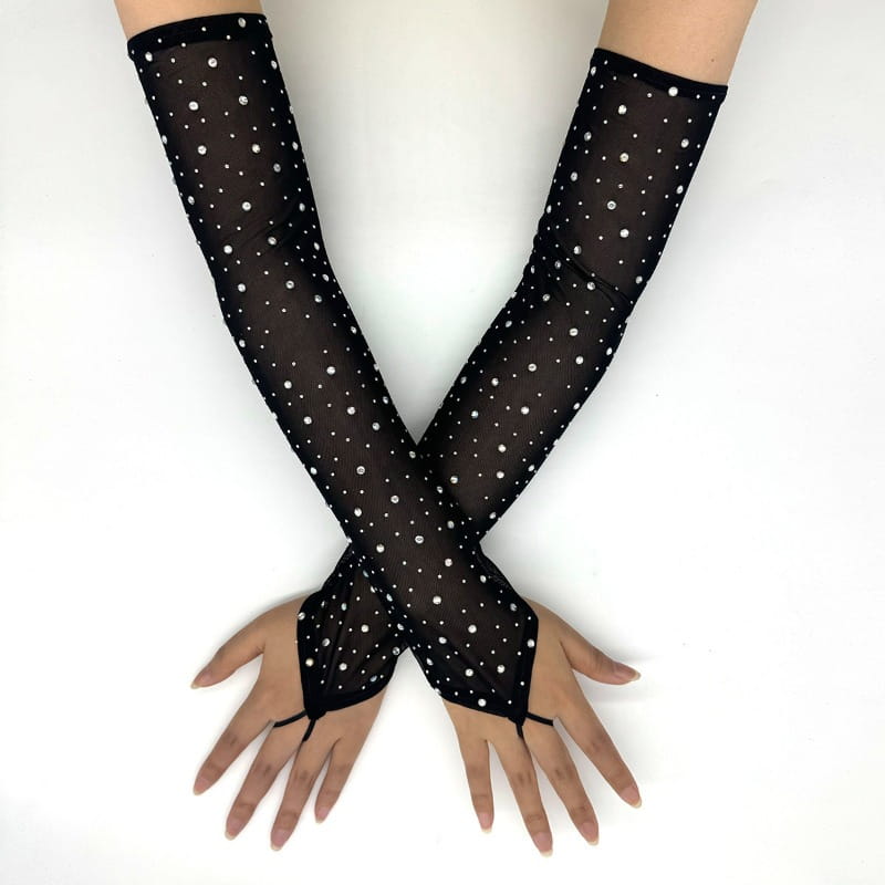 49CM Women Fashion Electronic Music Festival Sexy Mesh Shiny Hook Finger Gloves Elasticity Thin Cosplay Stage Performance