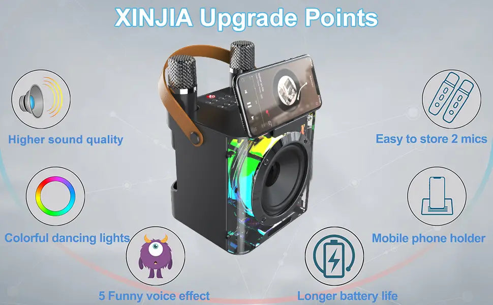 Karaoke Machine with 2 Wireless Microphone Portable Karaoke Speaker with PA System LED Light AUX USB TF Card for Home Party