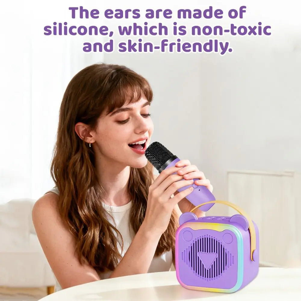 Portable Mini Karaoke Machine 3.5mm Earphone HIFI Surround Mini Home Karaoke Speaker Wireless Microphones RGB Lights