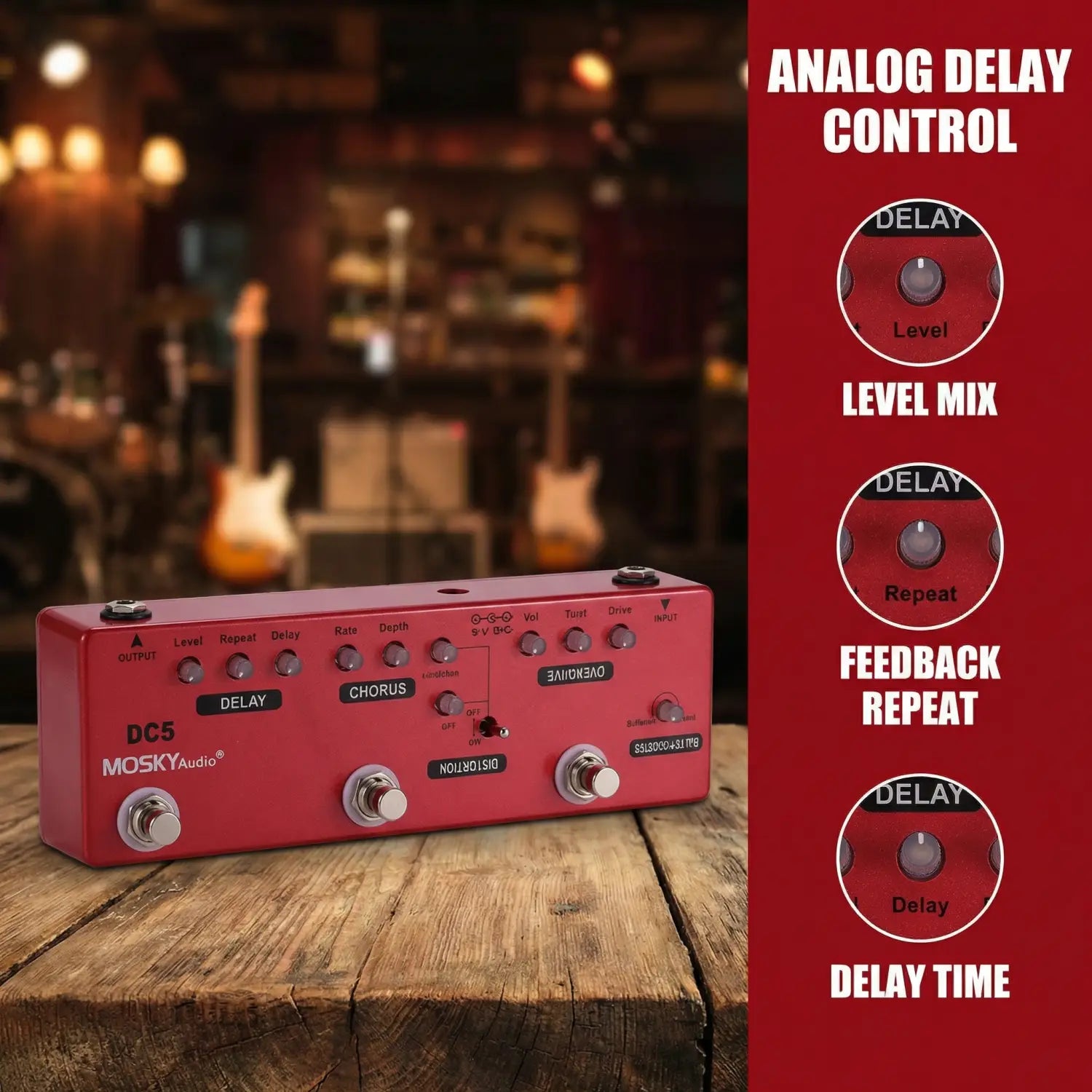 MOSKYAUDIO DC5 6-in-1 Guitar Effect Pedal Professional Multi Effects with Delay Chorus Distortion Overdrive Booster Buffer True