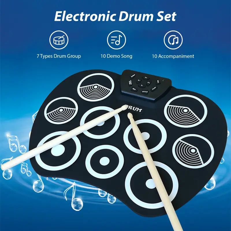Electronic Drum Set Hand-rolled Drum 9-pad MIDI Interface Supports DTX Games Portable Drum Set Gifts with Drumsticks Pedals