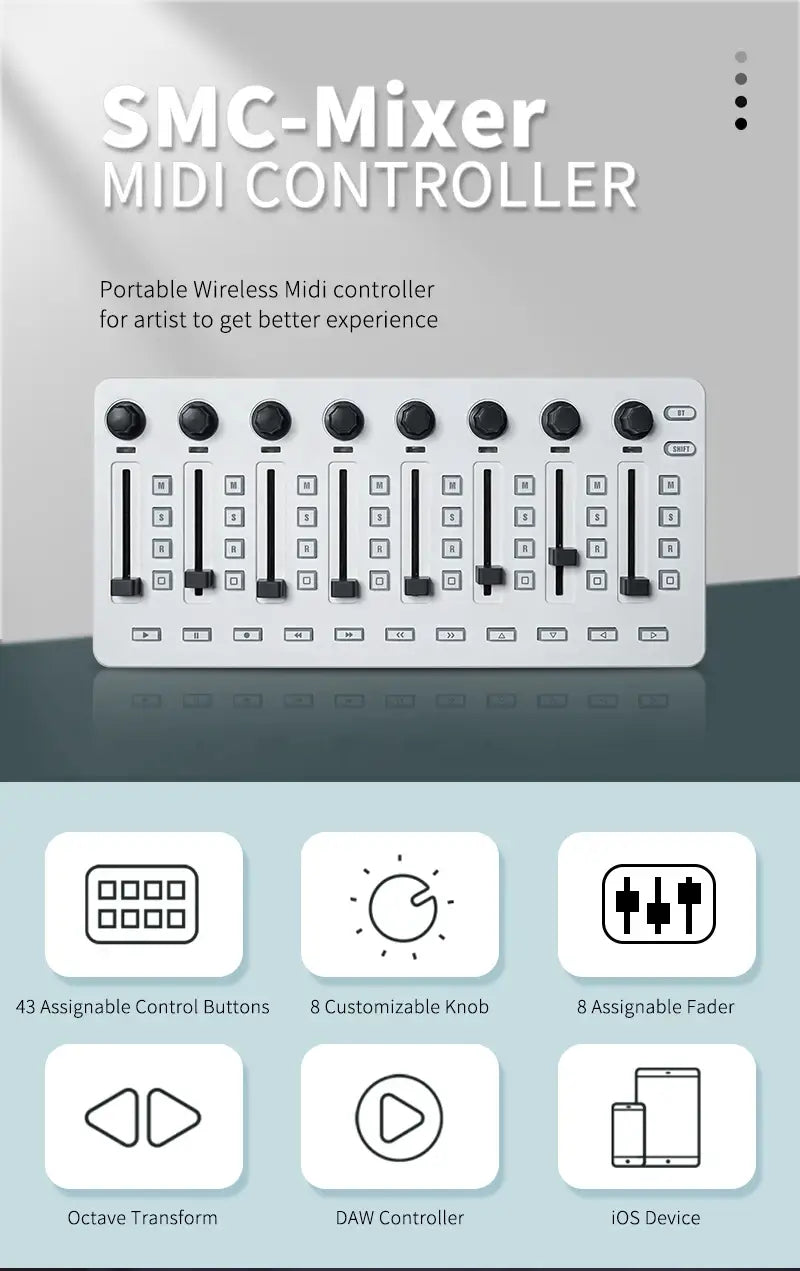 M-VAVE SMC-Mixer Wireless MIDI Controller 43 Buttons 8 Faders 8 Knobs Portable DAW Controller for Ableton/FL Studio/Cubase