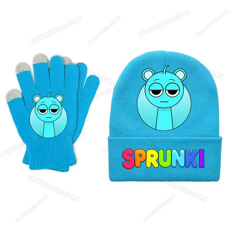 Sprunki Children Beanies Gloves Set Hot Music Game Print Knitted Mittens Caps for Boy Girl Cartoon Winter Knitting Hat Gloves