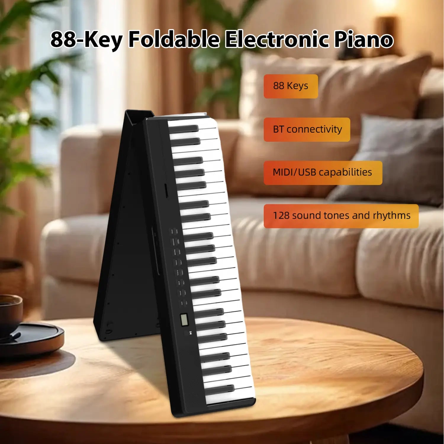 88-Key Foldable Electronic Piano Portable Electric Keyboard MIDI USB BT with Music Stand/Piano Bag/Sustain Pedal for Beginners