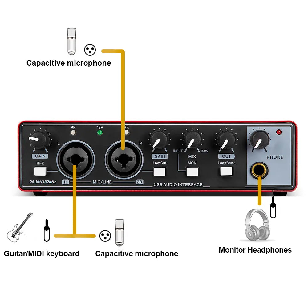 Audio Interface Depusheng MD22 Professional Sound Card with Monitoring Electric Guitar Live Recording For Studio Singing Micro