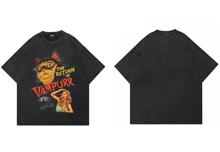 Hip Hop 2025 Vitnage Washed Black T-Shirt Streetwear Retro Movie Vampurr Cat Graphic T Shirt Cotton Unisex Tshirt Men Tops Tees
