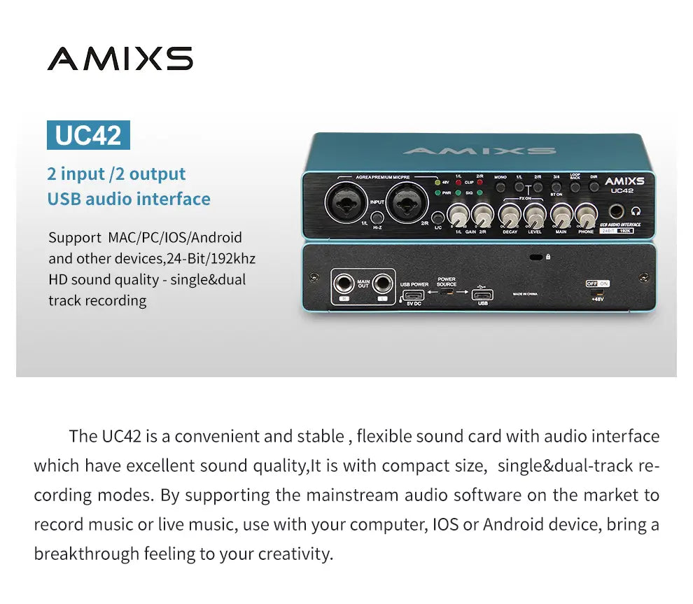 AMIXS UC42 Audio Interface for Recording Computer Free Drive USB External Sound Card for Pc Audio Equipment Professional Video