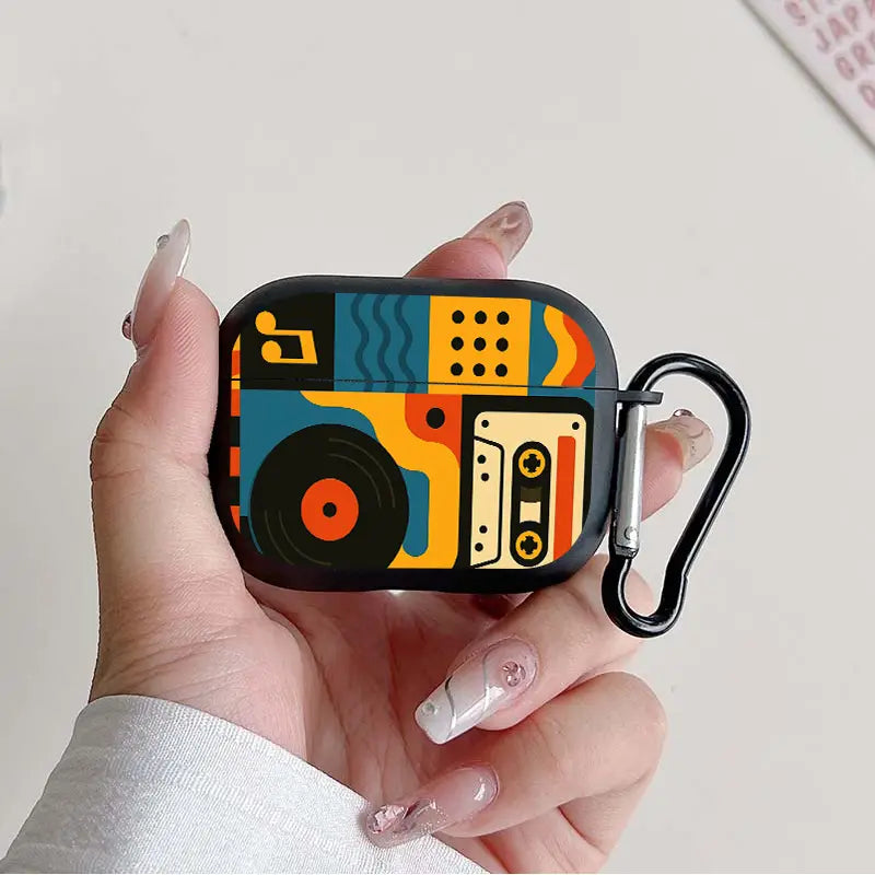 Trendy Retro Music Pattern Earbuds Case For AirPods 4/3/2/1 Case For AirPods Pro 3/Pro 2/Pro TPU Protective Cover with Keychain