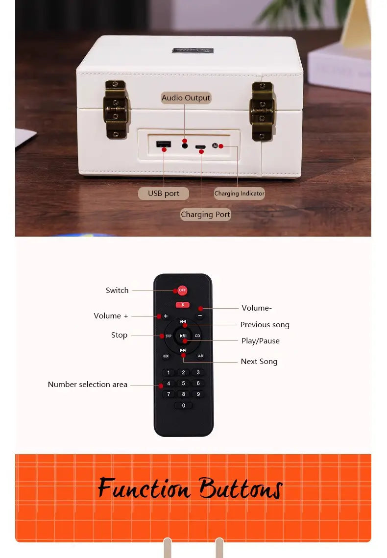 Vintage Leather CD Player Two-way Bluetooth 5.0 Built-in Speaker Portable Rechargeable CD Music Player USB Lossless Player