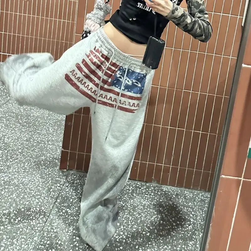 Women Retro American High Street Gothic Print Drawstring Wide Leg Sweatpants for Cotton Hip-hop Loose Versatile Sports Trousers