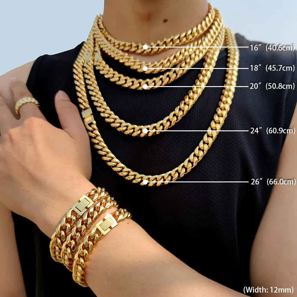 12mm Hip Hop Stainless Steel Jewelry Homme Cadena Luxury Miami Cuban Link Chain Men Rapper Rock Necklace