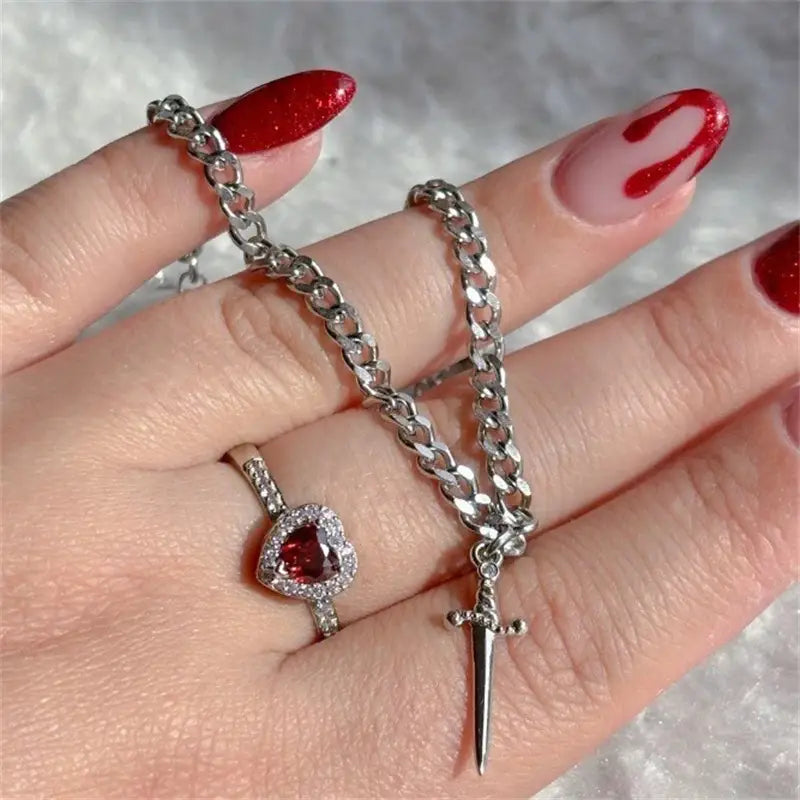 2pcs Swords Heart Pendant Necklaces for Women Men Cool Punk Heart Matching Necklaces Couple Friendship Fashion Jewelry Gift